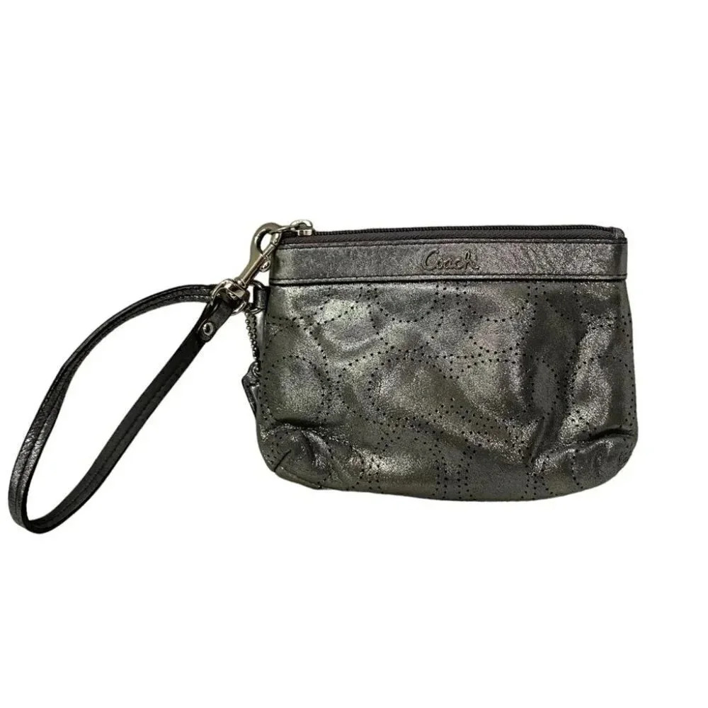 Coach Metallic Silver Pierced Leather Wristlet